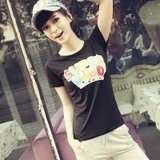 2013夏季新品韩版 高品质棉 修身打底衫卡通印花上衣短袖T恤 女(C12黑色-12)