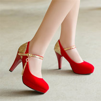 春季红色新娘鞋粗跟防水台超高跟结婚鞋金色中式女鞋一字扣带单鞋(37)(红色)