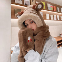 KOUDOO可爱小鹿帽子围巾一体女新款2021网红冬天百搭围脖冬季保暖毛绒帽(咖啡色 均码)