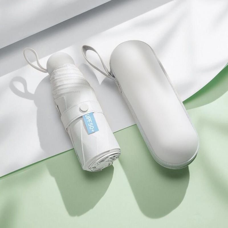 胶囊太阳伞女防晒防紫外线遮阳晴雨伞两用迷你五折叠超轻小巧便携米白