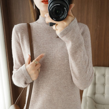 衫女士平针半高领修身显瘦内搭毛衣简约中领打底衫百搭针织衫(浅驼色