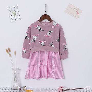 韩版春装兔子印花假两件条纹裙摆卫衣裙(100 粉色)