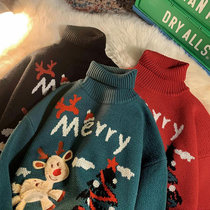 夕霓  2021秋冬红色圣诞麋鹿高领保暖毛衣可爱卡通喜庆过年针织长袖毛衣女   D2181(红色 均码)