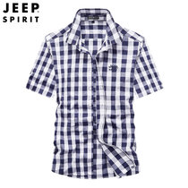 JEEP SPIRIT吉普短袖衬衫工装格纹纯棉半袖衬衫大条纹夏装新款百搭上衣潮(天蓝色 XL)