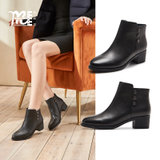 马内尔冬季新品短筒皮里时尚真皮简约粗跟百搭时装靴女靴GD09431(黑色 36)