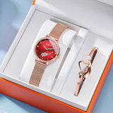 格玛仕新款手表女轻奢小众品牌小表盘细带小巧简约气质石英表女士手表(8268W-玫金红面（送手镯+礼盒） 网带)