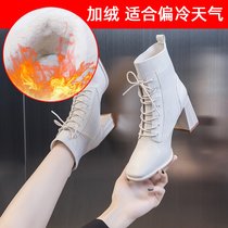 SUNTEK瘦瘦马丁靴女秋冬2021年新款冬季加绒小短靴冬款粗跟高跟鞋子白色(34 米色绒里)