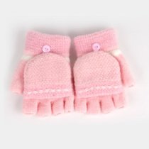 巴布豆儿童手套冬季针织保暖宝宝可爱学生毛线翻盖五指儿童半指套A均码其他 浅粉色