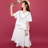 七格格2017夏装新款 甜美木耳边撞色勾边设计宽松中长连衣裙 N544(白色 XS)