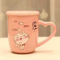 马克杯子陶瓷杯家用水杯创意潮流带盖勺可爱小猪少女心早餐杯礼品(表情猫好多鱼+盖380ML)