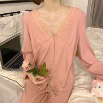 SUNTEK2022年新款性感蕾丝睡衣女春秋薄款长袖套装宫廷风家居服夏款(7058#坑条粉萌)