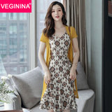 VEGININA 花色鱼尾裙V领短袖显瘦套装连衣裙 D6052(黄色 L)