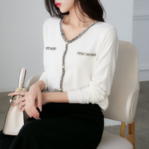 MISS LISA女装时尚小香风针织衫上衣女气质v领宽松薄款毛衣6300048(白色 均码)