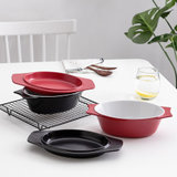 松发瓷器陶瓷烤盘沙拉碗盘2件套 汤碗菜碟9.5英寸黑碗+红碟 可烘焙微波炉蒸箱