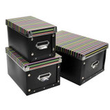 浦晨 整理盒三件套金属边环保PP有盖收纳盒(黑色彩条DB3110)