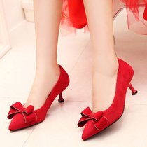 红色蝴蝶结婚鞋子2017新款春季女韩版百搭新娘红鞋猫跟高跟婚礼鞋(37)(黑色)