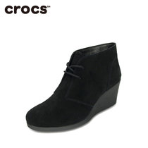 Crocs女鞋 卡骆驰时尚皮质纯色秋季蕾丽系带坡跟厚底靴|203419(黑色 37)