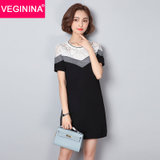 VEGININA 韩版时尚蕾丝短袖T恤针织拼接连衣裙女 9854(白色 3XL)