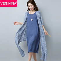VEGININA 民族风文艺中长款宽松两件套连衣裙 D6031(蓝色 XXL)