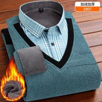 男士冬款加绒加厚假两件衬衫男长袖针织衫套头假两件加绒保暖衬衫(2807 L)