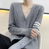 2021秋冬季新款女士V领针织开衫tb百搭学院风羊毛衫外套时尚上衣(灰色 M)