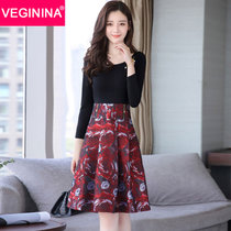 VEGININA 韩版修身显瘦时尚气质长袖连衣裙 10053(玫瑰花 XXL)