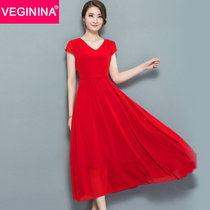 VEGININA 高腰长款雪纺连衣裙宽松显瘦长裙 3171(红色 5XL)