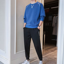 潮牌圆领卫衣男士2021新款时尚潮流长袖t恤秋季套装(蓝色 XL)