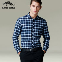 亚狮龙男士长袖修身韩版商务休闲白蓝色格子衬衫纯棉百搭时尚衬衣(蓝色格子 XL)