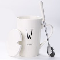 创意个性陶瓷马克杯带盖勺咖啡杯家用情侣喝水杯子男生办公室茶杯(白色款-W)