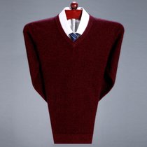 鄂尔多斯市 100%纯羊绒衫男半高圆领加厚保暖中老年羊毛衫冬装V领毛衣(红色-V领 170)
