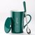 创意个性陶瓷马克杯带盖勺咖啡杯家用情侣喝水杯子男生办公室茶杯(墨绿金-L)
