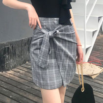 2018夏季女装不规则绑带格子高腰半身裙短裙 图片色(图片色)