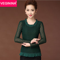 VEGININA 韩版新款上衣荷叶边修身网纱打底衫 9911(绿色 XXL)