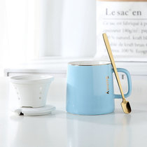 6款创意简约马克杯带盖带过滤办公室泡花茶水杯家用陶瓷男女情侣杯子(天蓝 杯（英文）+盖（有空）+过滤+勺子)