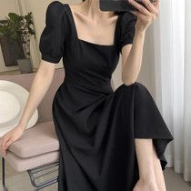 法式裙子连衣裙女2021夏装新款气质方领过膝中长款款赫本风小黑裙(短款白色 XL)