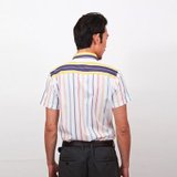 2013爆款男士经典撞色粗条纹纯棉短袖衬衫C13013(紫黄条纹 40)