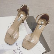 透明凉鞋女夏季2018新款粗跟一字扣带中跟百搭仙女性感春天高跟鞋(38)(杏色)