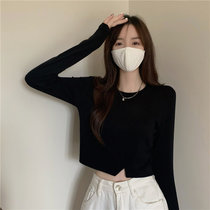 SUNTEK白色打底衫女春春季冬2022新款内搭T恤小众设计感不规则长袖上衣(均码 黑色)