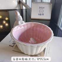可爱卡通日式蔬菜沙拉碗陶瓷水果碗学生宿舍泡面碗创意个性甜品碗(白色双兔碗)