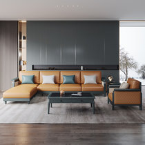 吉木多 现代轻奢科技布免洗布艺实木沙发意式转角沙发三人位组合客厅家具(墨绿色+橘橙色 1+1+3+茶几)
