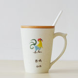 简约十二生肖陶瓷杯子创意马克杯带盖勺杯早餐杯(生肖鸡+送盖勺杯垫)
