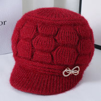 冬季新款中老年帽子女针织毛线帽女士加绒保暖护耳帽子妈妈奶奶帽(灯笼帽紫红色 有弹力)