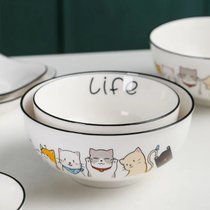 北欧家用陶瓷碗汤碗泡面碗大号饭碗汤盆可爱网红ins餐具组合套装(猫咪面碗 PDD-7英寸猫咪面碗1个装)