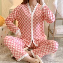 SUNTEK2022年新款睡衣女春秋长袖开衫两件套款韩版纯色薄款家居服套装(LXE-580#红格)