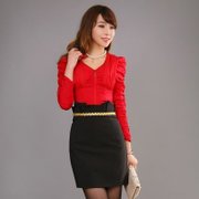 妮蕾迪 弹力修身衬衫C0009+紧身半身裙Q803(红衬衫+黑裙 XL)