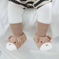 冬宝宝加绒地板鞋袜可爱婴儿鞋超软羊羔绒加绒地板中筒不掉袜套(巧克力色 安静熊-防滑加绒 【S】0-12个月（脚10-12CM）)