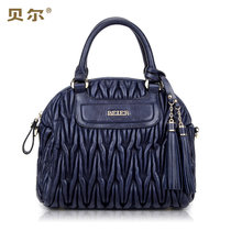 BEIER 贝尔 新款女式进口香马油腊头层牛皮刺绣手提包甜美淑女时尚单肩包(藏蓝色)