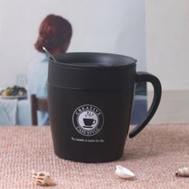 韩版创意不锈钢咖啡杯手柄带盖勺子保温杯简约清新马克杯文艺杯子(黑色300ml 商务咖啡杯)