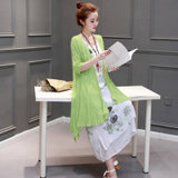 邑概念 夏季新款棉麻连衣裙女文艺范休闲两件套中长款亚麻套装裙1602(黄绿色 M)